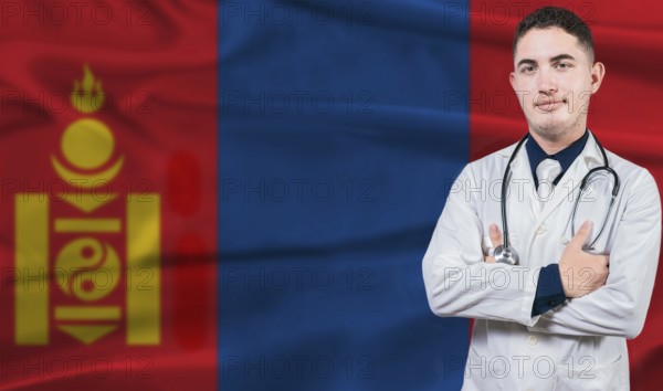 Portrait of medical professional on Mongolia flag background. Mongolian national health system