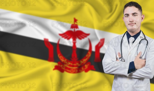 Portrait of medical professional on Brunei flag background. Bruneian national health system