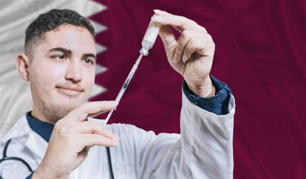 Doctor holding syringe on Qatar flag background. Medical professional holding syringe with Qatari flag in the background