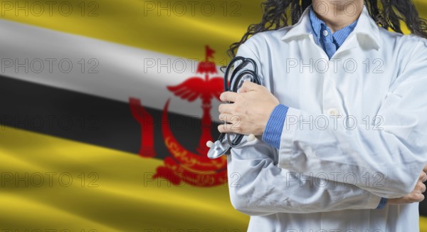 Healthcare professional with Brunei flag background. Professional doctor holding stethoscope on Brunei flag background