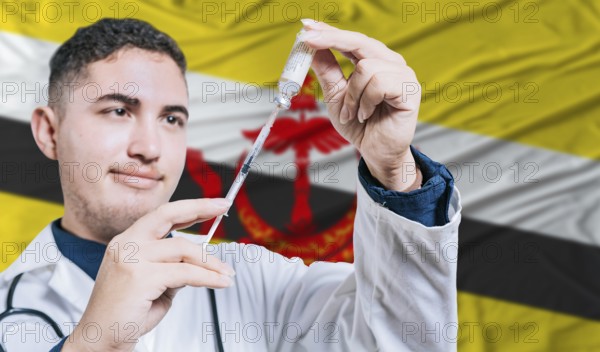 Doctor holding syringe on Brunei flag background. Medical professional holding syringe with Bruneian flag in the background