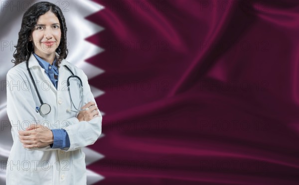 Qatari medicine and healthcare concept. Doctor close up against Qatar flag background