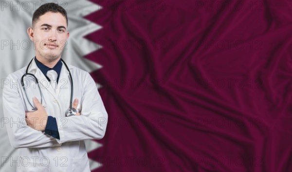 Portrait of medical professional on Qatar flag background. Qatari national health system