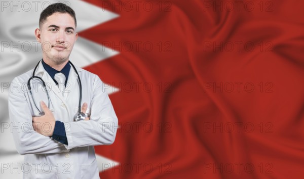 Portrait of medical professional on Bahrain flag background. Bahraini national health system