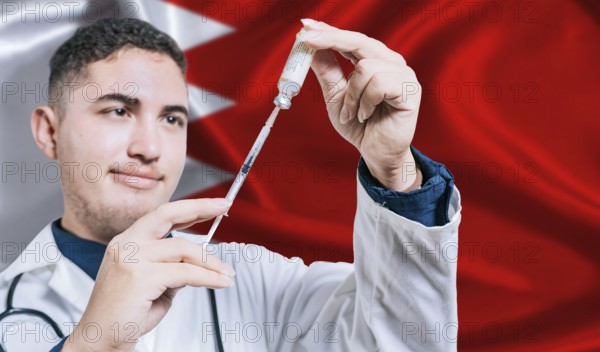 Doctor holding syringe on Bahrain flag background. Medical professional holding syringe with Bahraini flag in the background