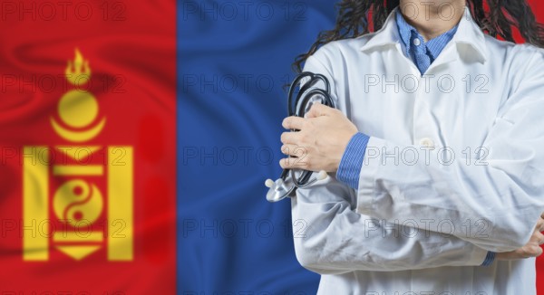 Healthcare professional with Mongolia flag background. Professional doctor holding stethoscope on Mongolia flag background