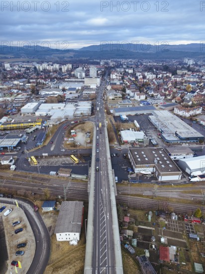 Aerial view of the town of Radolfzell on Lake Constance with Zeppelin road leading through the industrial park, Konstanz district, Baden-Württemberg, Germany