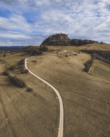Aerial view of Hohentwiel with winter vegetation seen from the west, Konstanz district, Baden-Württemberg, Germany