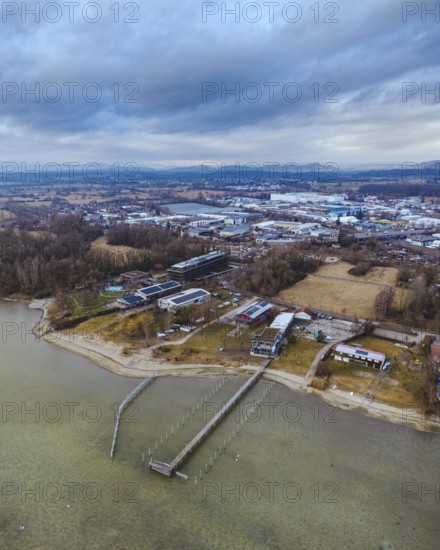 Aerial view of the town of Radolfzell on Lake Constance with the riverbanks and filming location of the television series WaPo Lake Constance, on the horizon the Hegauberge, district of Constance, Baden-Württemberg, Germany