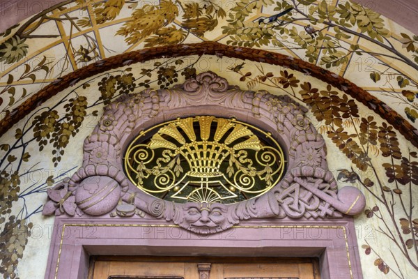 Detailed view of the main portal of the 120-year-old historic Hegau-Gymnasium in Singen am Hohentwiel, stonemasonry, art nouveau blacksmithing, district of Constance, Baden-Württemberg, Germany
