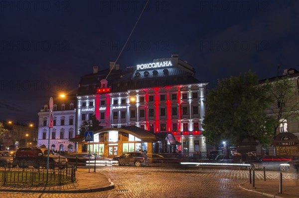 Hotel in evening lighting, Lamberg, Ukraine