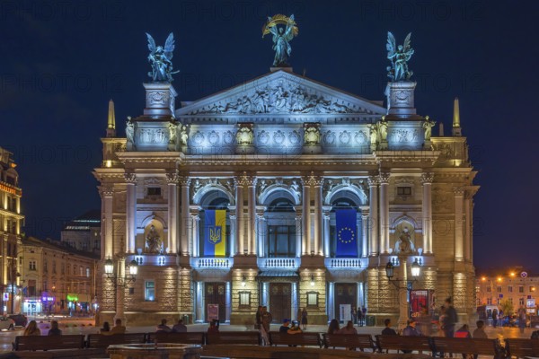 Opera house illuminated at night, Lviv, Ukraine