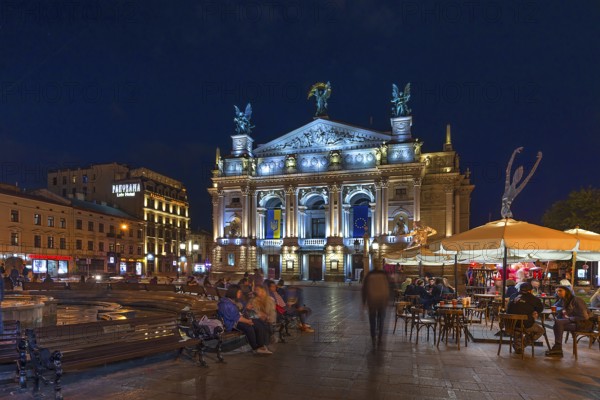 Opera Square with Opera House illuminated at night, Lviv, Ukraine