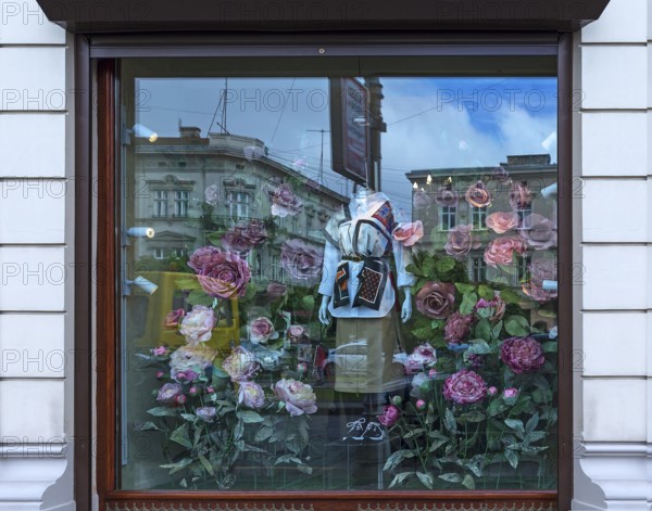 Fashion shop decorated with flowers, Lviv, Ukraine