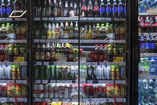 Cooling rack for drinks at a Polish gas station, Poland