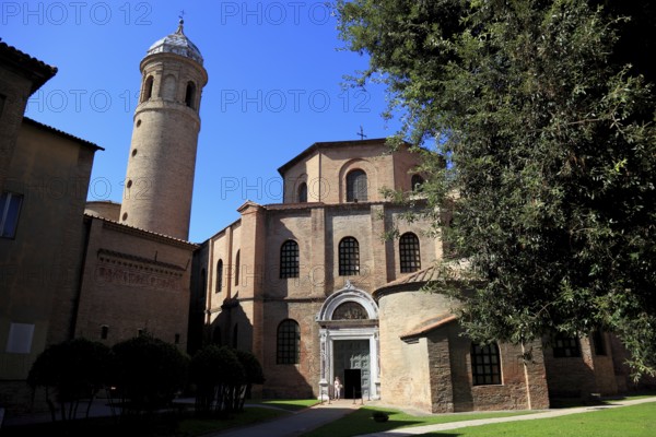 Basilica Basilica of San Vitale, is one of the most important church buildings of the late antique-early Byzantine period, with campanile, World Heritage Site, Ravenna, Emilia Romagna, Italy