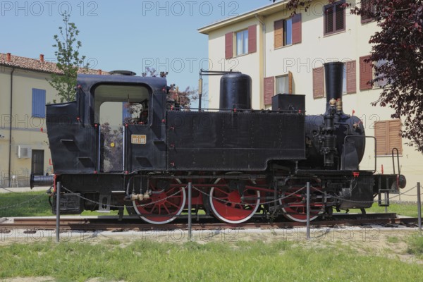 Brescello, next to the Don Camillo and Peppone museum is the Parco Giovannino Guareschi with the locomotive from the film Don Camillo and Peppone, Emilia-Romagna, Italy