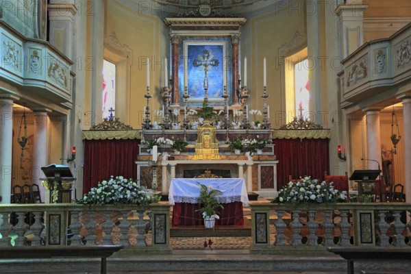 Brescello village, interior view of the church of Santa Maria Nascente e San Genesio, film set for the film Don Camillo and Peppone, Emilia-Romagna, Italy