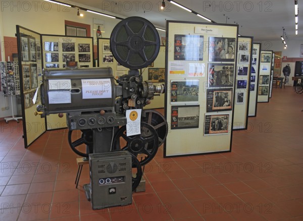 Brescello, Museum of Don Camillo and Peppone films, here one of the film cameras used, Emilia-Romagna, Italy