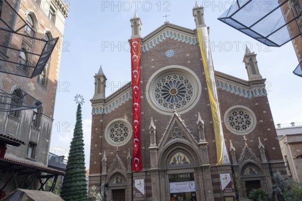 Istanbul, Turkey. December 2nd 2025. Church of Saint Anthony of Padua a catholic church with a Christmas tree and a Turkish flag, along Istiklal Street on the European side of Istanbul, Turkey