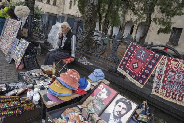Gori, Georgia. September 9th 2025. A man selling Stalin souvenirs and memorabilia outside the Stalin Museum in Gori, birthplace of the former Soviet leader in Georgia