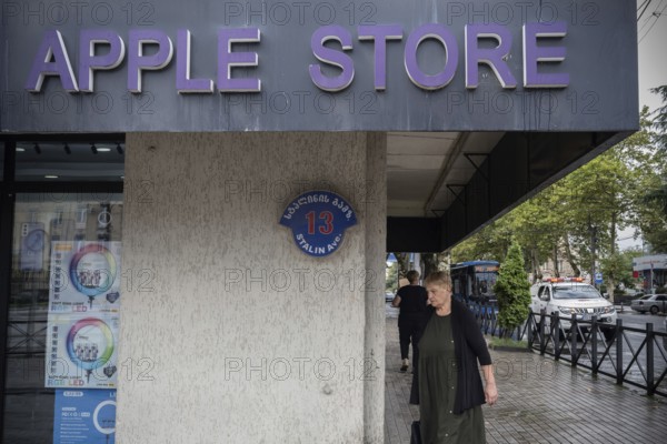 Gori, Georgia. September 9th 2025. Street sign for Stalin Avenue outside an unofficial Apple Store commemorating Joseph Stalin the former soviet leader and revolutionary in his home town of Gory, Georgia