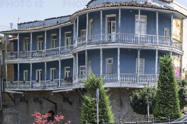 Tbilisi, Georgia. July 11th 2025. A Traditional Georgian style building with typical balcony in Tbilisi Old Town, the historical quarter of the capital of Georgia