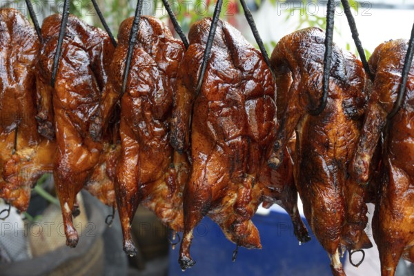 Roasted Peking Duck hanging in a street food market in Chinatown, Bangkok, Thailand