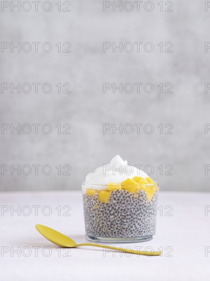 Chia seed pudding topped with fresh mango cubes and fluffy whipped cream, next to a yellow spoon