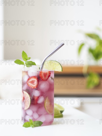 Strawberry mojito mocktail, full of ice, lime, mint, and drinking with a metal straw