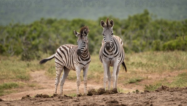 Burchell's zebra (Equus quagga burchelli) with young, Addo Elephant National Park, Eastern Cape, South Africa