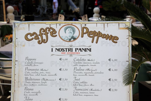 Menu at Cafe Peppone in the town of Brecello, Emi