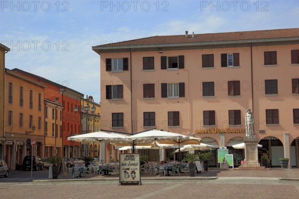 Italy, village of Brescello, Caffe Don Camillo on the market square