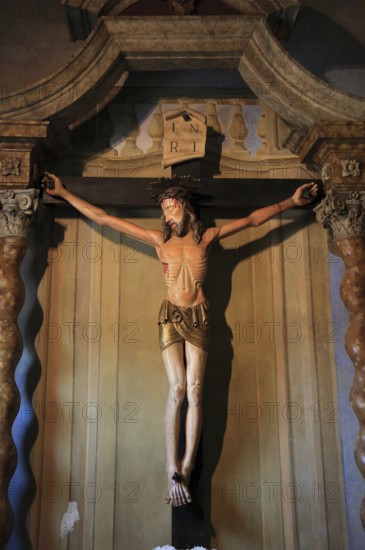 Italy, Brescello village, The talking cross from the movie, Don Camillo and Peppone in the Brescello church