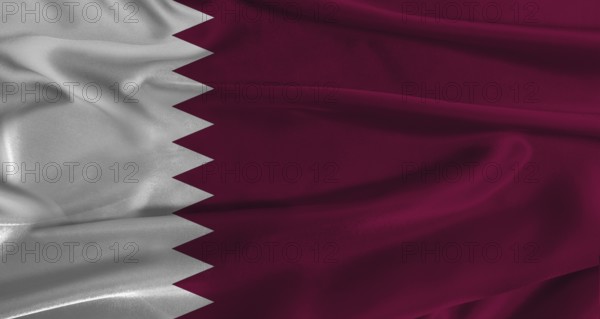 Flag of Qatar with fabric textured background. Close up of National flag of Qatar with realistic texture