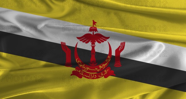 Flag of Brunei with fabric textured background. Close up of National flag of Brunei with realistic texture