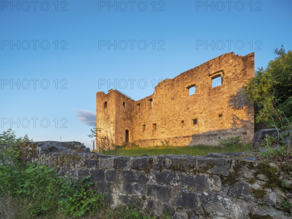 The ruins of Bramberg Castle in the Hassberg Mountains in the evening light, near Königsberg in Bavaria, Lower Franconia, Bavaria, Germany
