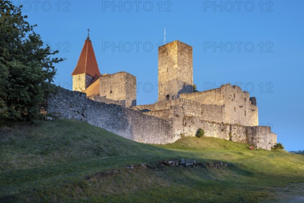 The illuminated Leuchtenberg Castle at dusk, Leuchtenberg, Upper Palatinate, Bavaria, Germany