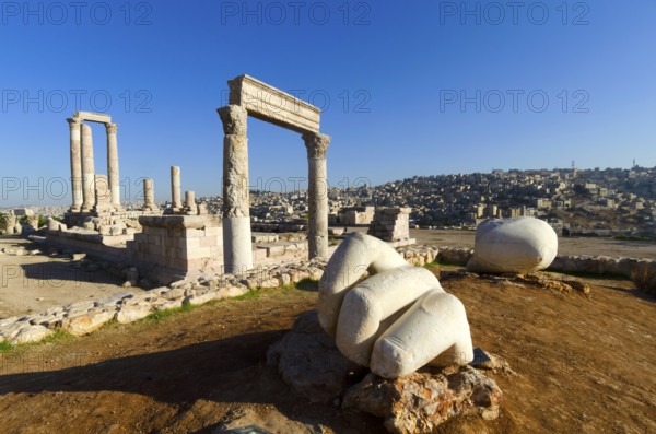 The ruins of the Temple of Hercules at Amman Citadel, an archaeological site at the centre of downtown Amman, the capital of Jordan