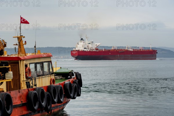 Canakkale, Turkey. February 18th 2022 Nordic Breeze crude oil tanker passing through the Dardanelles straight near the Gallipoli Peninsular and the Turkish port city of Canakkale