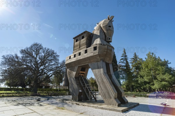 Canakkale, Turkey. 19th February 2022 Modern wooden replica of the Trojan Horse was created in 1975 by the Turkish architect Izzet Senemoglu at the entrance to the archaeological site of Troy