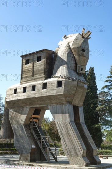 Troy, Canakkale, Turkey. 19th February 2022 Wooden replica of the Trojan horse was created in 1975 by the Turkish architect Izzet Senemoglu at the entrance to the archaeological site of Troy