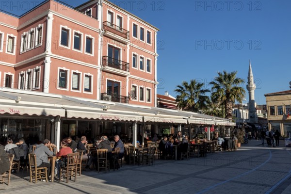 Canakkale, Turkey. February 18th 2022 A popular cafe restaurant on the harbour of Canakkale old town, busy with shops and tourists beside the Dardanelles and Gallipoli Peninsular, Western Turkey