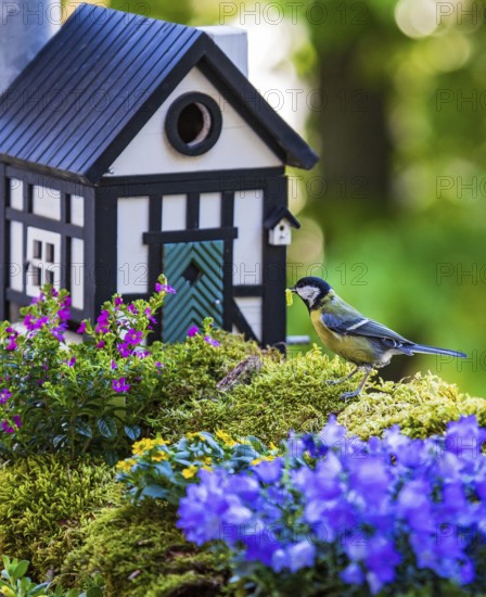 Great tit (Parus major), adult bird sitting with a green caterpillar in its beak in front of a half-timbered bird nesting box between colourful flowering balcony plants, Heidelberg, Baden-Württemberg, Germany