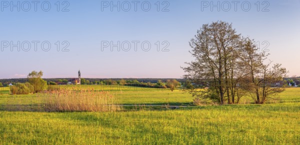 Meadow landscape in the Altmühltal, behind Großenried with the church of St. Lawrence, Middle Franconia, Bavaria, Germany