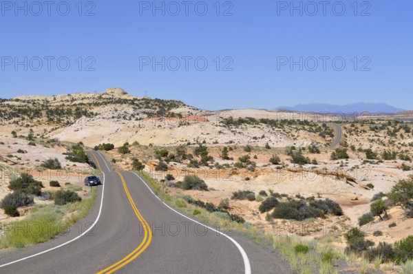 Asphalt road leads through dry, hilly landscape with reddish rocks and vegetation under blue sky, Grand Staircase Escalante National Monument, Utah, USA