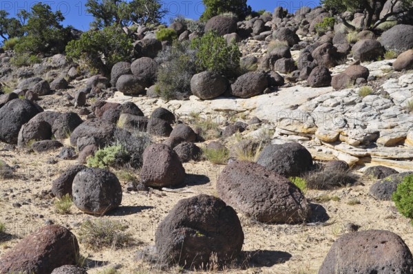 Large spherical rocks in an arid desert landscape, Grand Staircase Escalante National Monument, Utah, USA