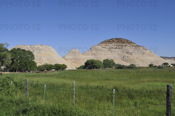 Green meadow with view of rocky mountains under clear sky, Grand Staircase Escalante National Monument, Utah, USA