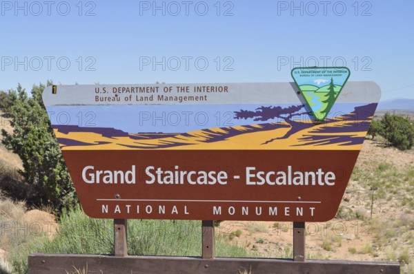 Grand Staircase-Escalante National Monument sign in desert landscape, Grand Staircase Escalante National Monument, Utah, USA