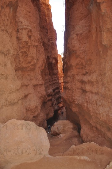 Narrow gorge in Bryce Canyon with high red rock walls on both sides, Bryce Canyon National Park, Utah, USA
